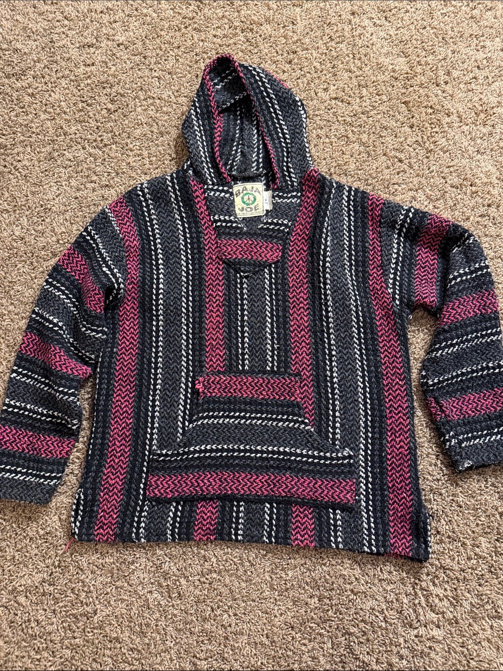 Striped Hooded Baja Pullover in Black and Maroon